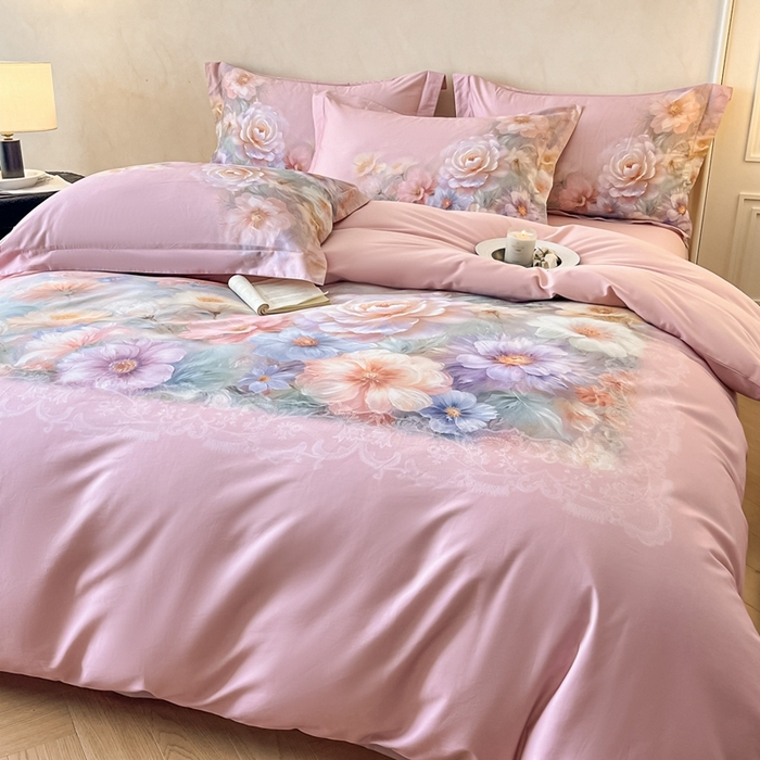 91家纺网 家纺一手货源 找家纺 禾时 2025新款全棉纯棉大版磨毛数码印花四件套(32x21磨毛） 淡雅幽香（粉）