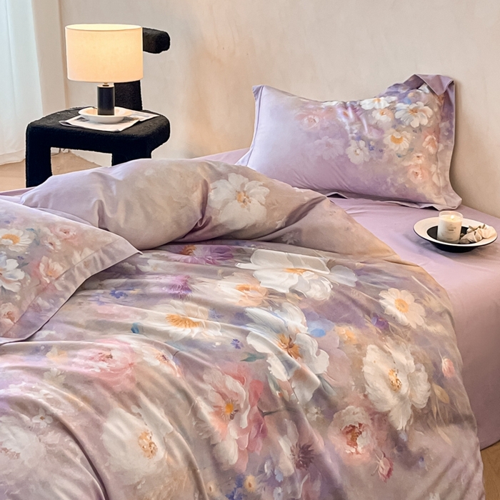 91家纺网 家纺一手货源 找家纺 禾时 2025新款全棉纯棉大版磨毛数码印花四件套(32x21磨毛） 洛神旋舞（紫）