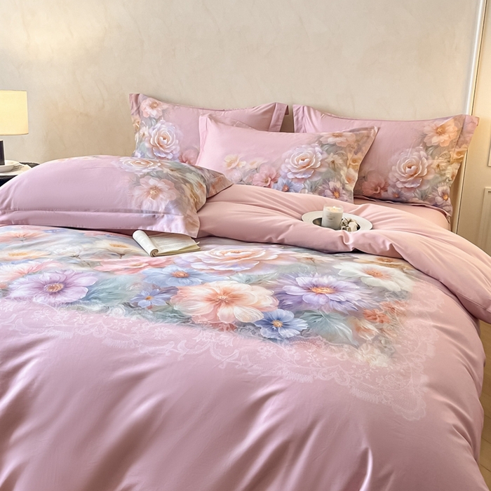 91家纺网 家纺一手货源 找家纺 禾时 2025新款全棉纯棉大版磨毛数码印花四件套(32x21磨毛） 淡雅幽香（粉）