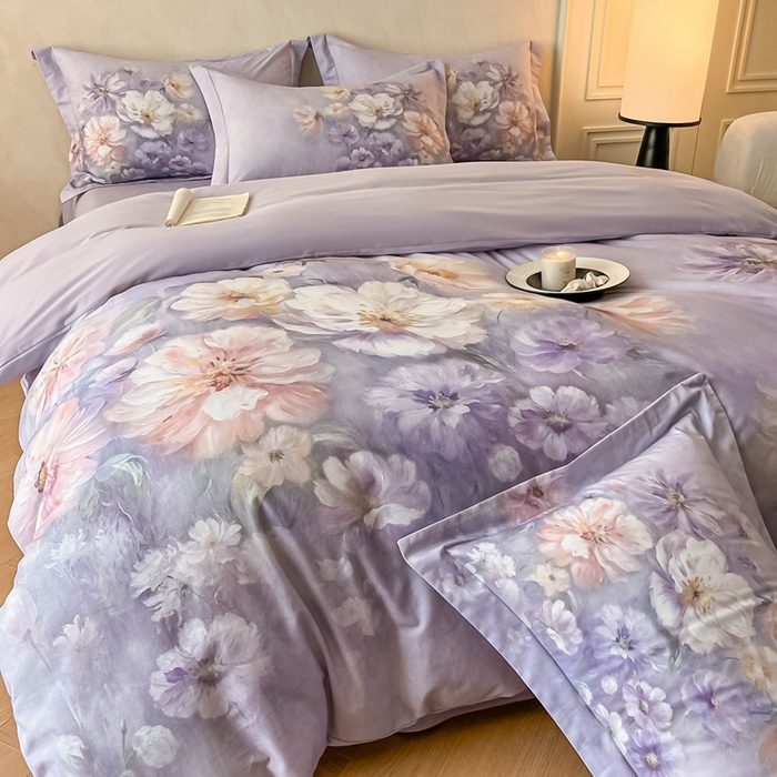 91家纺网 家纺一手货源 找家纺 禾时 2025新款全棉纯棉大版磨毛数码印花四件套(32x21磨毛） 悦染花溪（紫）