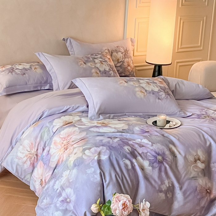 91家纺网 家纺一手货源 找家纺 禾时 2025新款全棉纯棉大版磨毛数码印花四件套(32x21磨毛） 悦染花溪（紫）