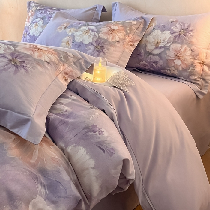 91家纺网 家纺一手货源 找家纺 禾时 2025新款全棉纯棉大版磨毛数码印花四件套(32x21磨毛） 悦染花溪（紫）