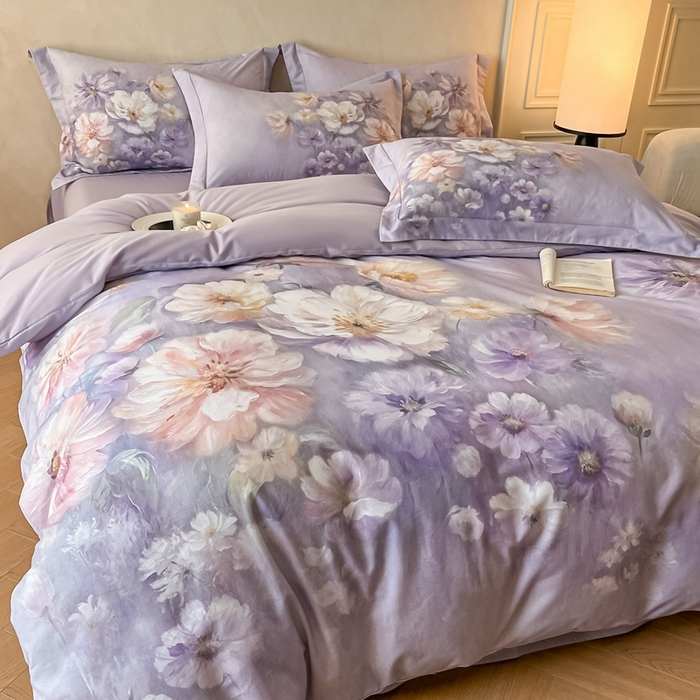 91家纺网 家纺一手货源 找家纺 禾时 2025新款全棉纯棉大版磨毛数码印花四件套(32x21磨毛） 悦染花溪（紫）