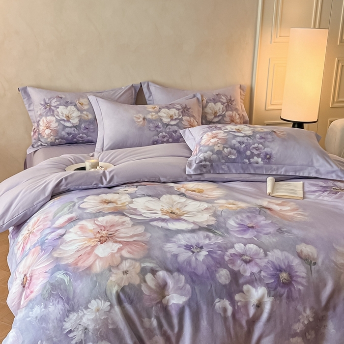 91家纺网 家纺一手货源 找家纺 禾时 2025新款全棉纯棉大版磨毛数码印花四件套(32x21磨毛） 悦染花溪（紫）