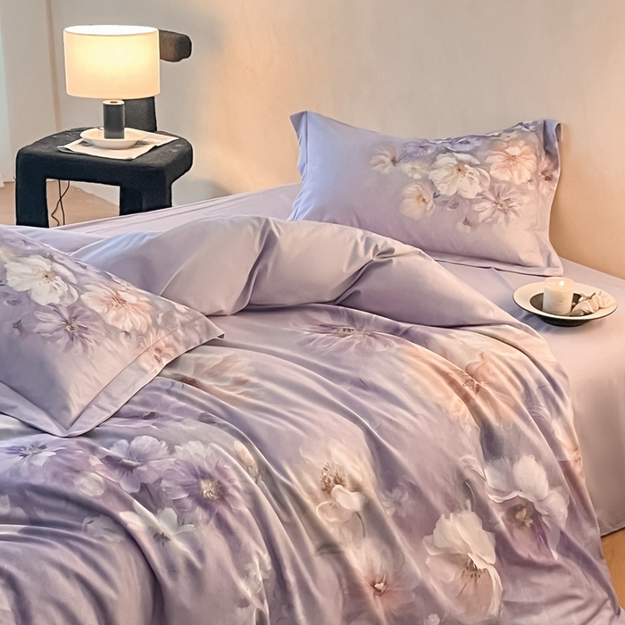 91家纺网 家纺一手货源 找家纺 禾时 2025新款全棉纯棉大版磨毛数码印花四件套(32x21磨毛） 悦染花溪（紫）