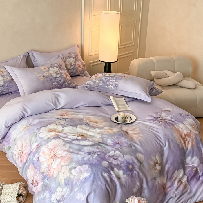 91家纺网 家纺一手货源 找家纺 禾时 2025新款全棉纯棉大版磨毛数码印花四件套(32x21磨毛） 悦染花溪（紫）