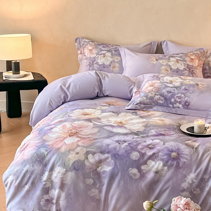 91家纺网 家纺一手货源 找家纺 禾时 2025新款全棉纯棉大版磨毛数码印花四件套(32x21磨毛） 悦染花溪（紫）