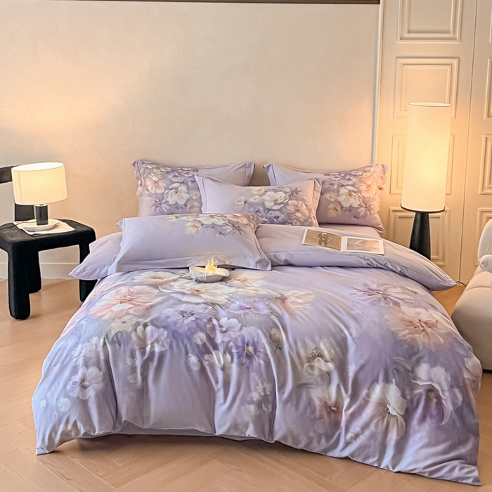 91家纺网 家纺一手货源 找家纺 禾时 2025新款全棉纯棉大版磨毛数码印花四件套(32x21磨毛） 悦染花溪（紫）