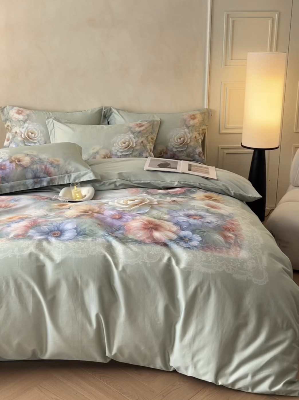 91家纺网 家纺一手货源 找家纺 禾时 2025新款全棉纯棉大版磨毛数码印花四件套(32x21磨毛） 淡雅幽香（绿）