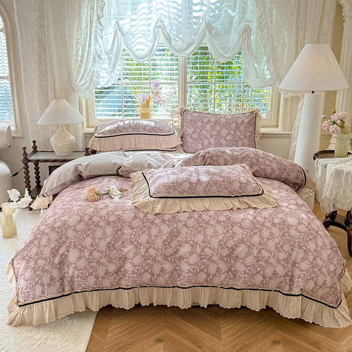 91家纺网 家纺一手货源 找家纺 （总）巧玲珑 2025新款法式蕾丝大花边印花60支进口长绒棉四件套