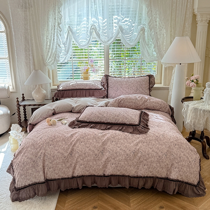 91家纺网 家纺一手货源 找家纺 （总）巧玲珑 2025新款法式蕾丝大花边印花60支进口长绒棉四件套