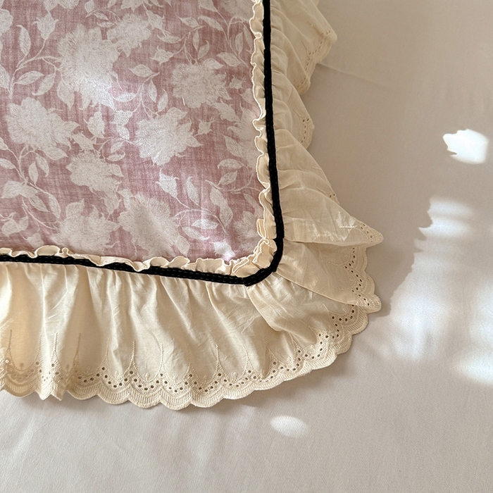 91家纺网 家纺一手货源 找家纺 巧玲珑 2025新款法式蕾丝印花60支进口长绒棉四件套 花浅语-豆沙