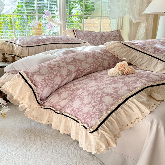 91家纺网 家纺一手货源 找家纺 巧玲珑 2025新款法式蕾丝印花60支进口长绒棉四件套 花浅语-豆沙