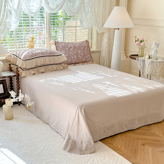 91家纺网 家纺一手货源 找家纺 巧玲珑 2025新款法式蕾丝印花60支进口长绒棉四件套 花浅语-豆沙