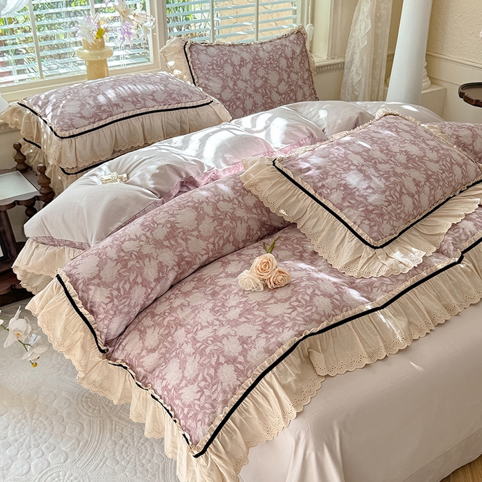 91家纺网 家纺一手货源 找家纺 巧玲珑 2025新款法式蕾丝印花60支进口长绒棉四件套 花浅语-豆沙