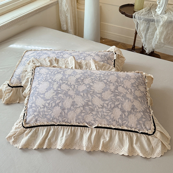 91家纺网 家纺一手货源 找家纺 巧玲珑 2025新款法式蕾丝印花60支进口长绒棉四件套 花浅语-灰