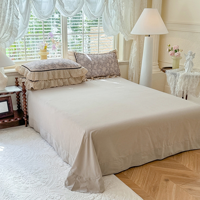 91家纺网 家纺一手货源 找家纺 巧玲珑 2025新款法式蕾丝印花60支进口长绒棉四件套 花浅语-灰