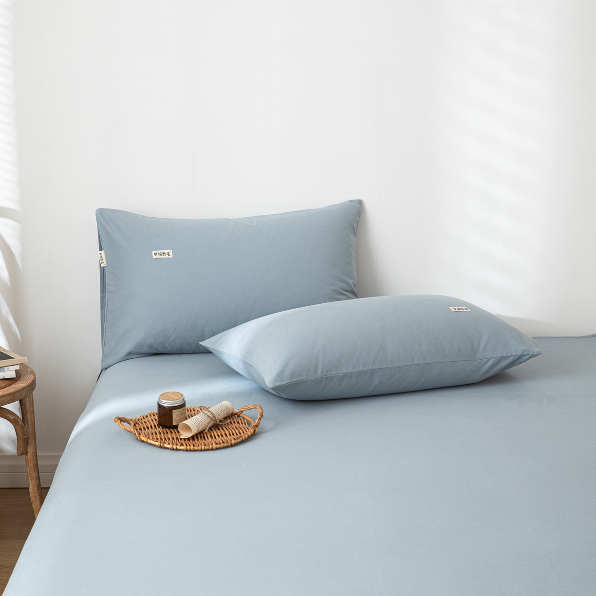 91家纺网 家纺一手货源 找家纺 眠博士 2025新款全棉纯棉纯色磨毛枕套单品枕套单件单枕套 磨毛枕套-陶瓷浅蓝