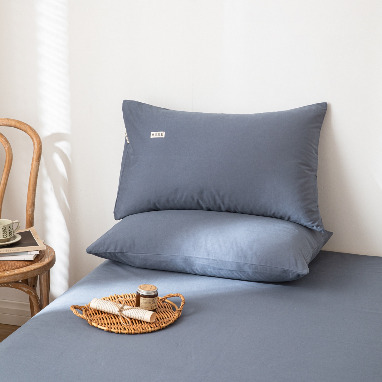 眠博士 2025新款全棉纯棉纯色磨毛枕套单品枕套单件单枕套 磨毛枕套-陶瓷深蓝