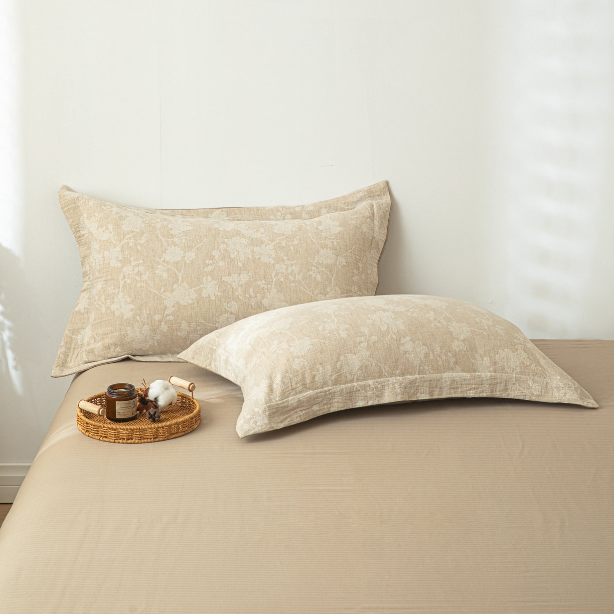 91家纺网 家纺一手货源 找家纺 眠博士 2025新款AB面40支棉麻色织提花四件套 棉麻套件-蓝聆花