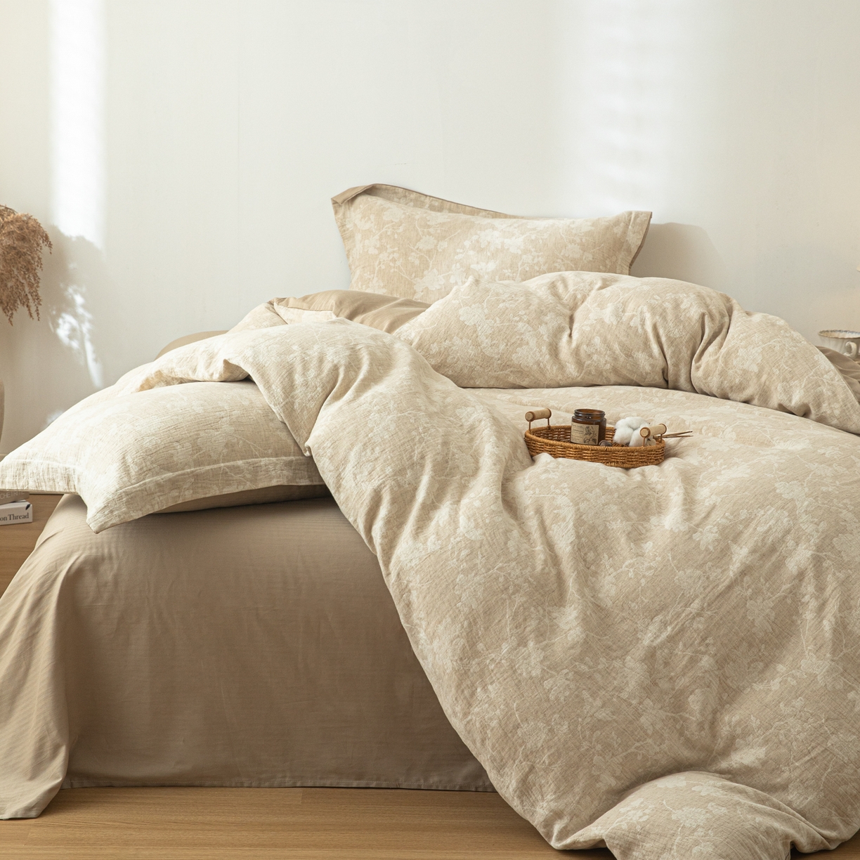 91家纺网 家纺一手货源 找家纺 眠博士 2025新款AB面40支棉麻色织提花四件套 棉麻套件-蓝聆花