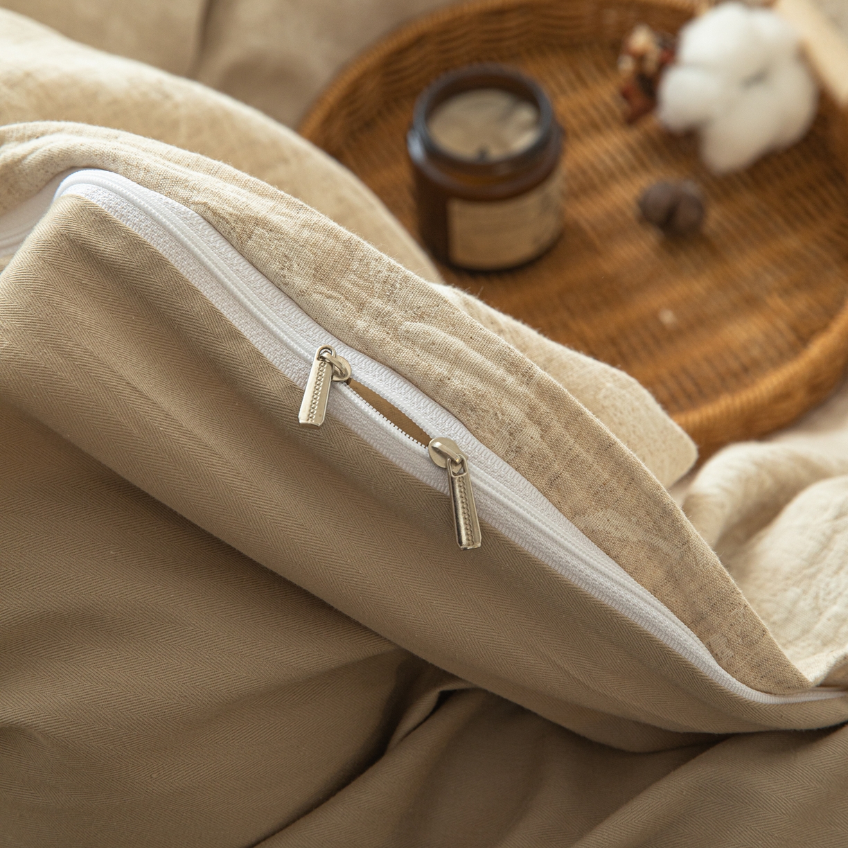 91家纺网 家纺一手货源 找家纺 眠博士 2025新款AB面40支棉麻色织提花四件套 棉麻套件-蓝聆花