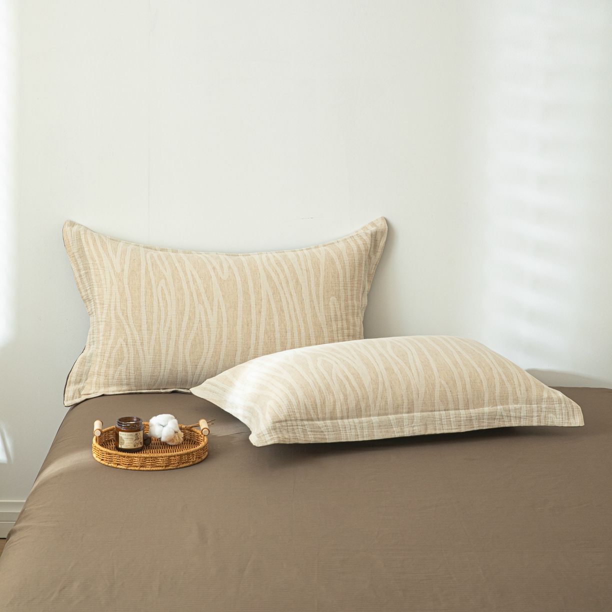 91家纺网 家纺一手货源 找家纺 眠博士 2025新款AB面40支棉麻色织提花四件套 棉麻套件-树纹棕