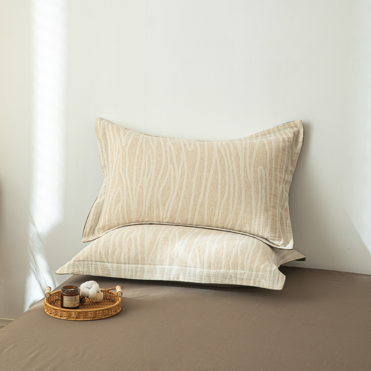 91家纺网 家纺一手货源 找家纺 眠博士 2025新款AB面40支棉麻色织提花四件套 棉麻套件-树纹棕