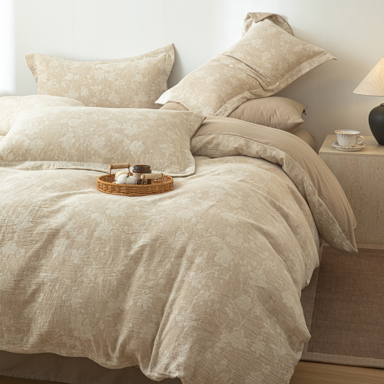 91家纺网 家纺一手货源 找家纺 眠博士 2025新款AB面40支棉麻色织提花四件套 棉麻套件-蓝聆花