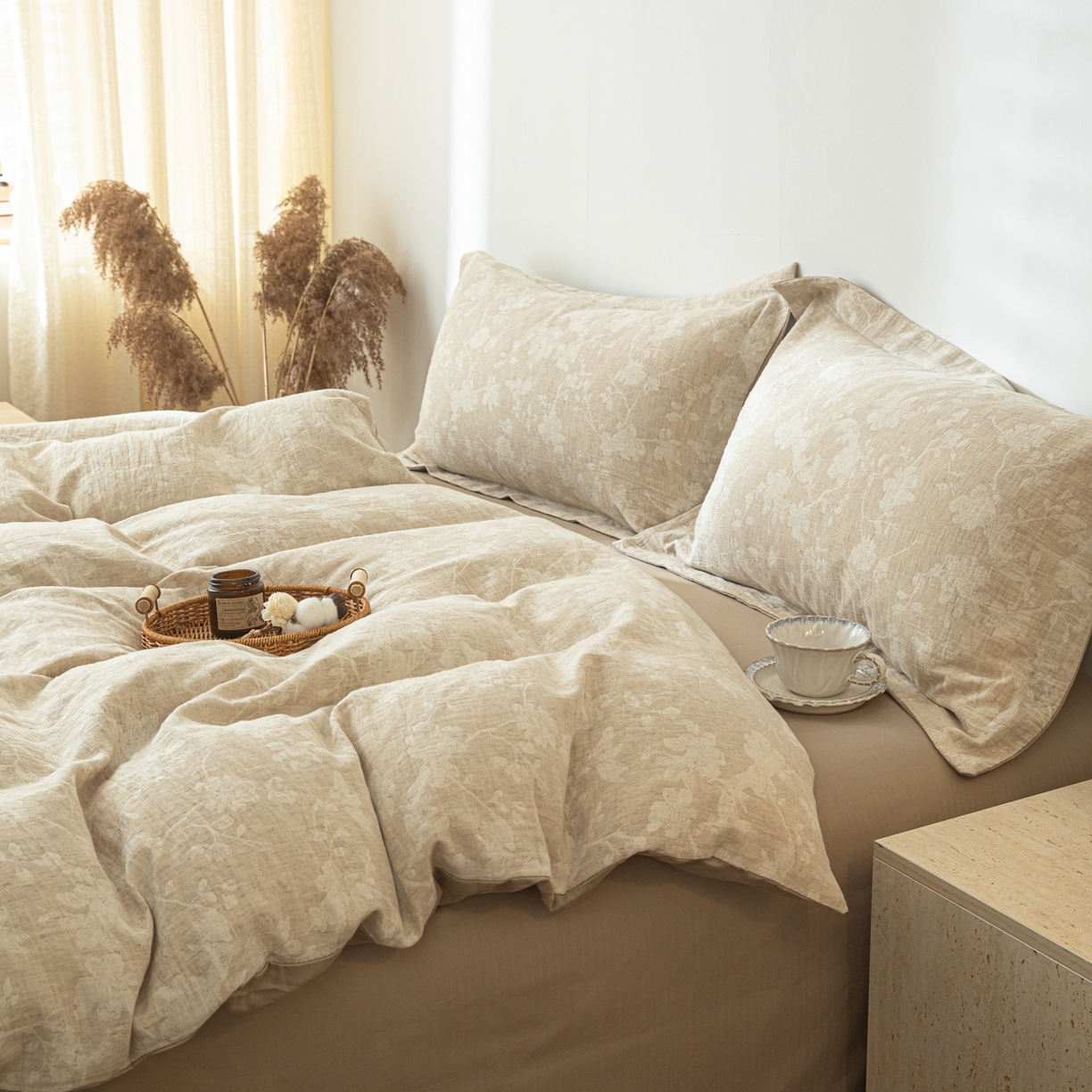 91家纺网 家纺一手货源 找家纺 眠博士 2025新款AB面40支棉麻色织提花四件套 棉麻套件-蓝聆花