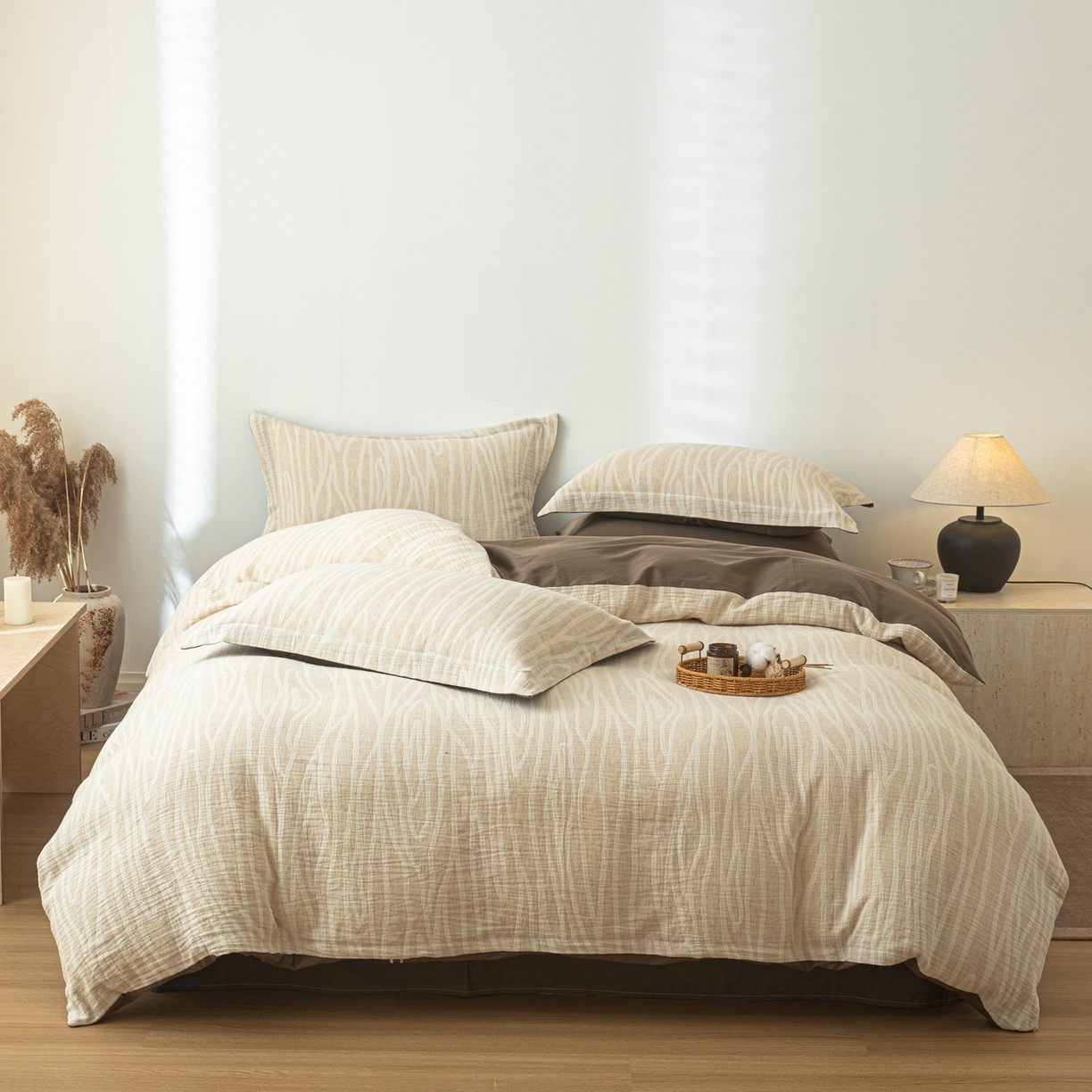 91家纺网 家纺一手货源 找家纺 眠博士 2025新款AB面40支棉麻色织提花四件套 棉麻套件-树纹棕