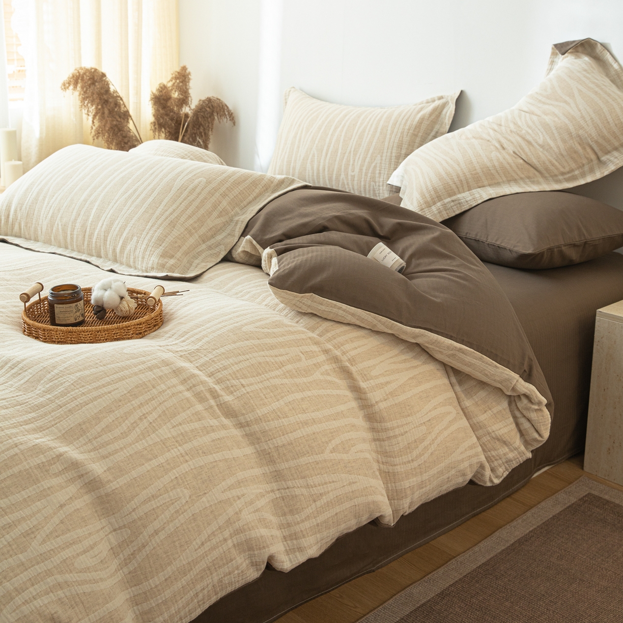 91家纺网 家纺一手货源 找家纺 眠博士 2025新款AB面40支棉麻色织提花四件套 棉麻套件-树纹棕