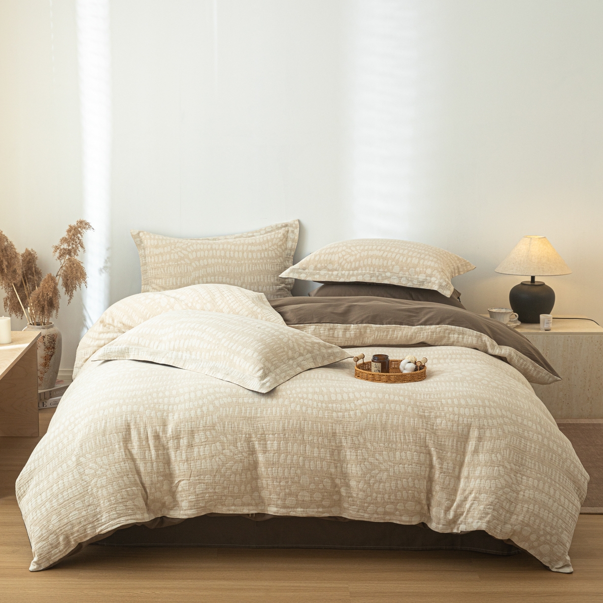 91家纺网 家纺一手货源 找家纺 眠博士 2025新款AB面40支棉麻色织提花四件套 棉麻套件-豹纹棕