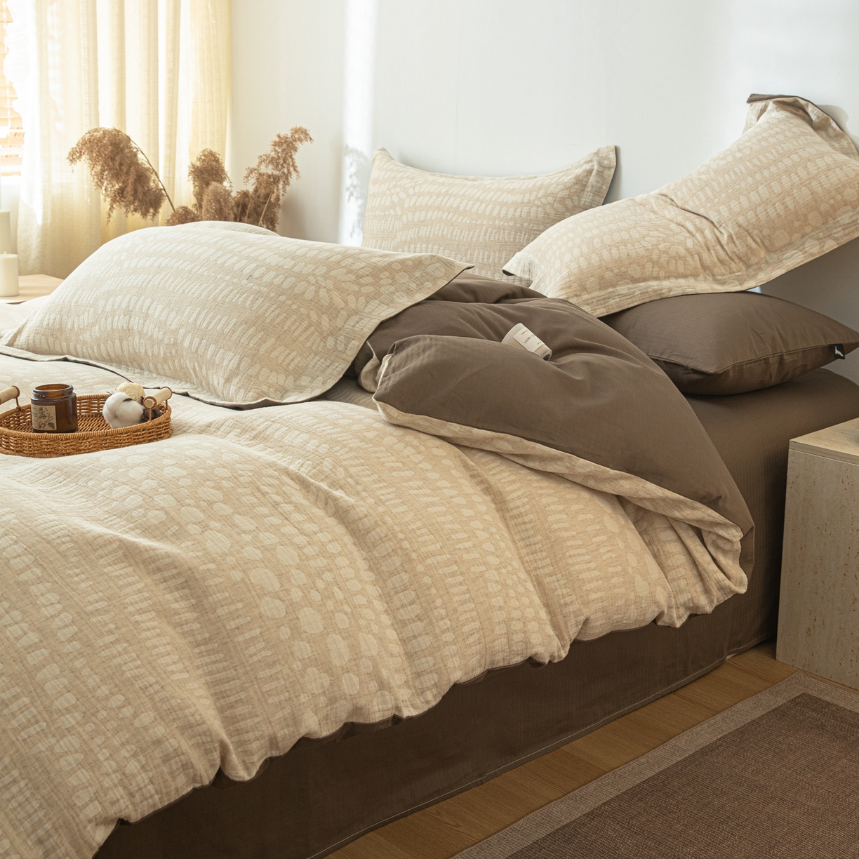 91家纺网 家纺一手货源 找家纺 眠博士 2025新款AB面40支棉麻色织提花四件套 棉麻套件-豹纹棕