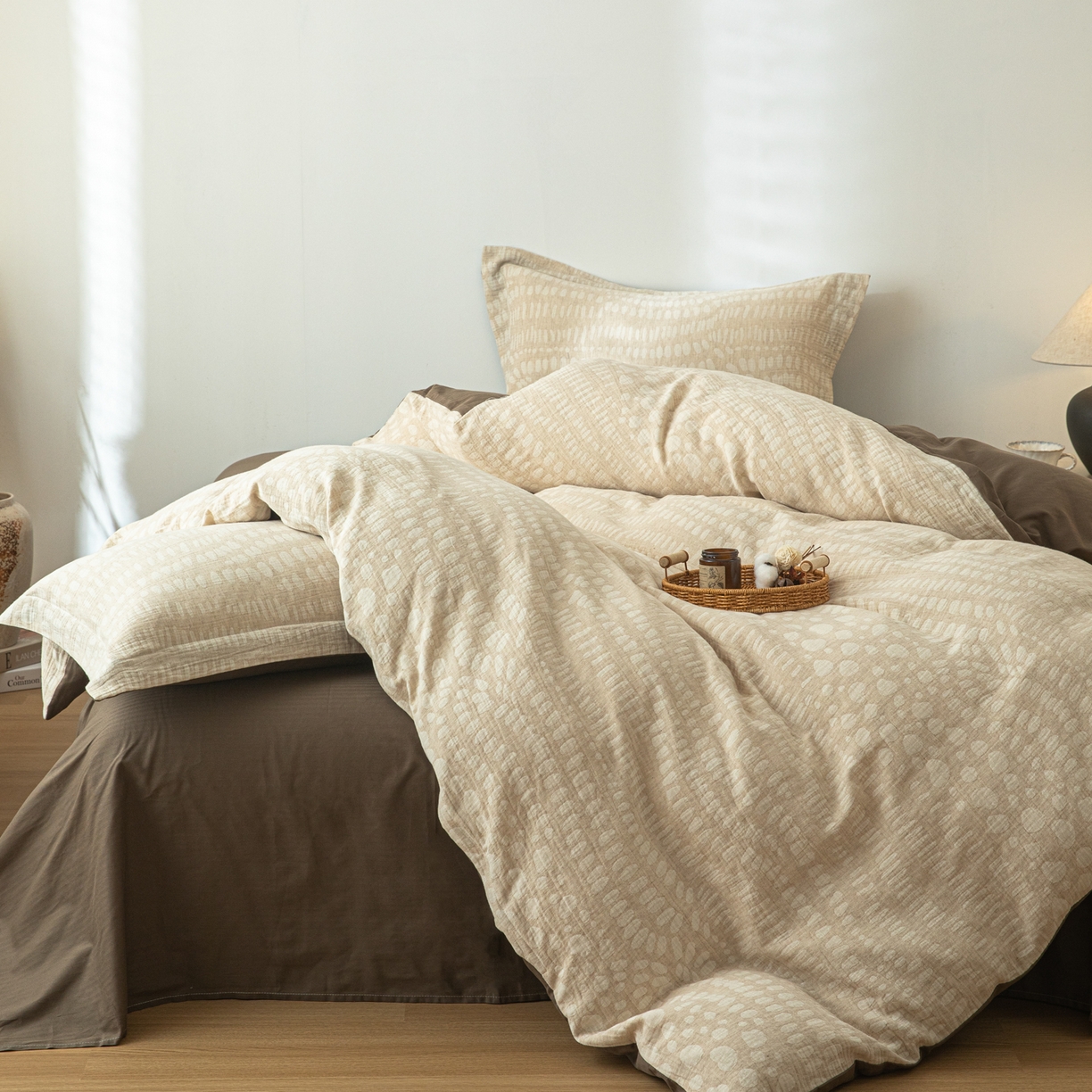 91家纺网 家纺一手货源 找家纺 眠博士 2025新款AB面40支棉麻色织提花四件套 棉麻套件-豹纹棕