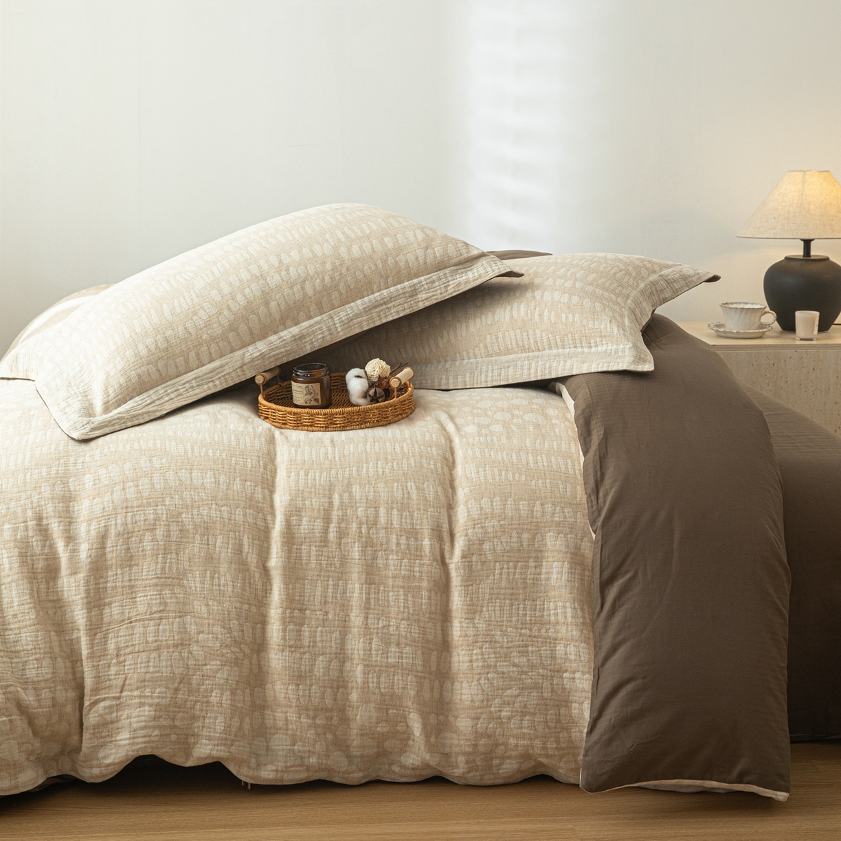 91家纺网 家纺一手货源 找家纺 眠博士 2025新款AB面40支棉麻色织提花四件套 棉麻套件-豹纹棕