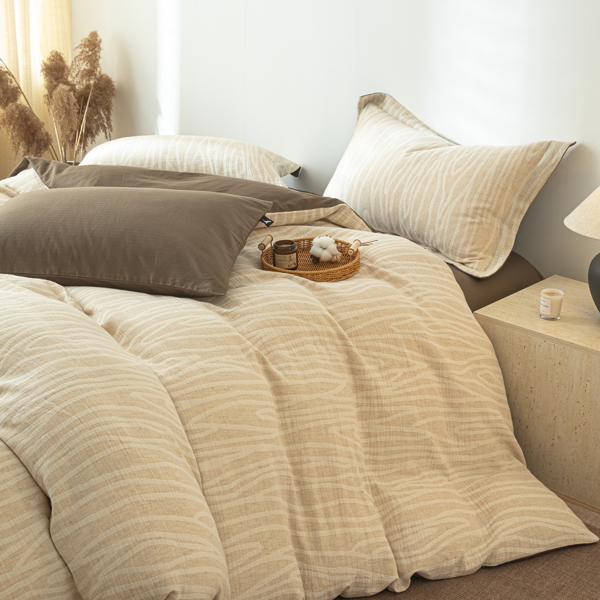 91家纺网 家纺一手货源 找家纺 眠博士 2025新款AB面40支棉麻色织提花四件套 棉麻套件-树纹棕