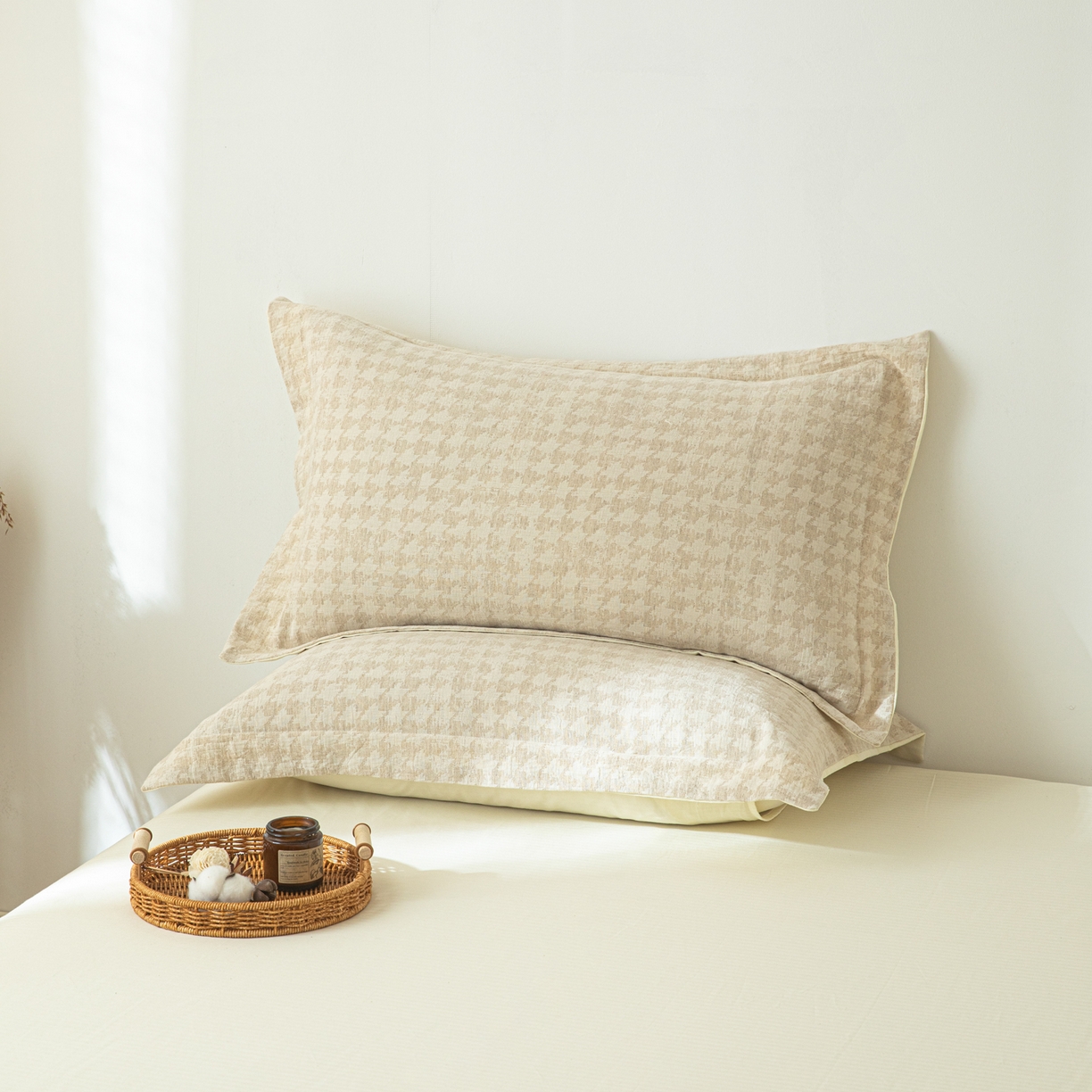 91家纺网 家纺一手货源 找家纺 眠博士 2025新款AB面40支棉麻色织提花四件套 棉麻套件-千鸟格