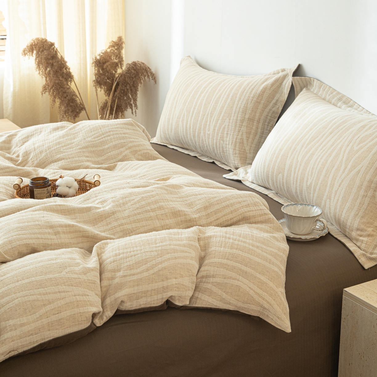 91家纺网 家纺一手货源 找家纺 眠博士 2025新款AB面40支棉麻色织提花四件套 棉麻套件-树纹棕