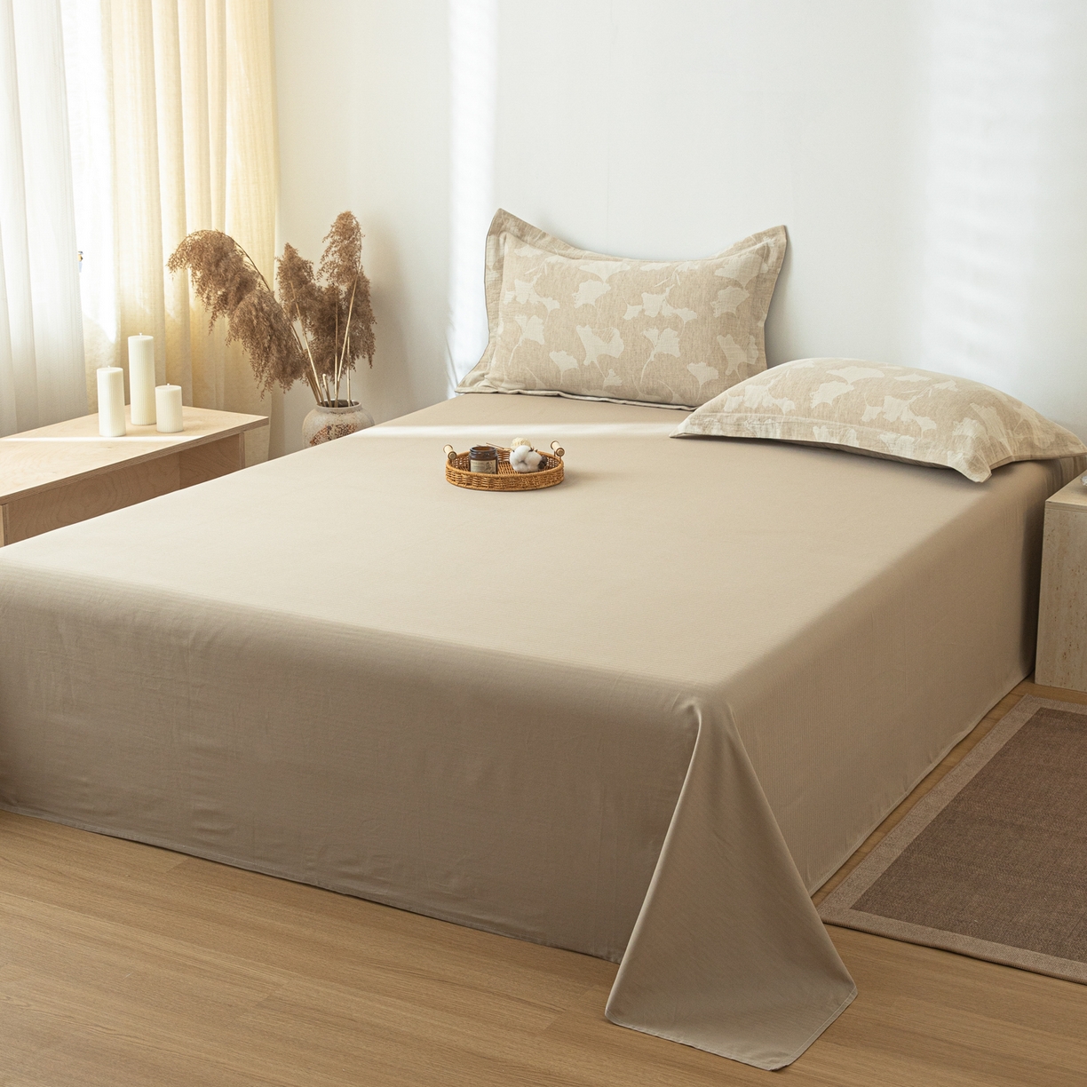 91家纺网 家纺一手货源 找家纺 眠博士 2025新款AB面40支棉麻色织提花四件套 棉麻套件-银杏叶