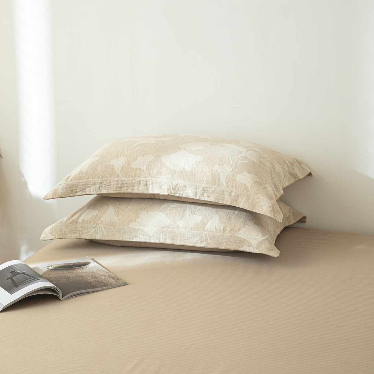 91家纺网 家纺一手货源 找家纺 眠博士 2025新款AB面40支棉麻色织提花四件套 棉麻套件-银杏叶