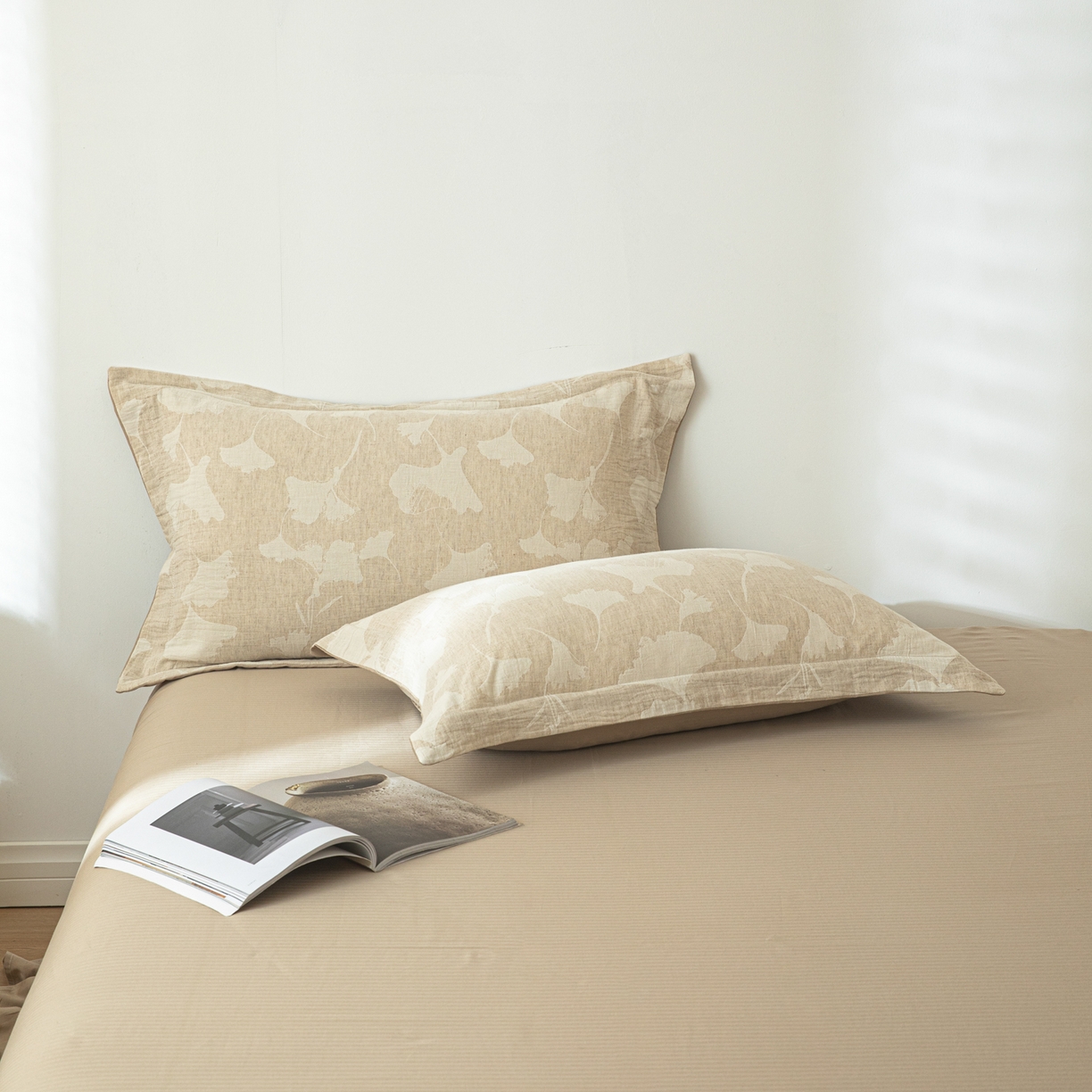 91家纺网 家纺一手货源 找家纺 眠博士 2025新款AB面40支棉麻色织提花四件套 棉麻套件-银杏叶