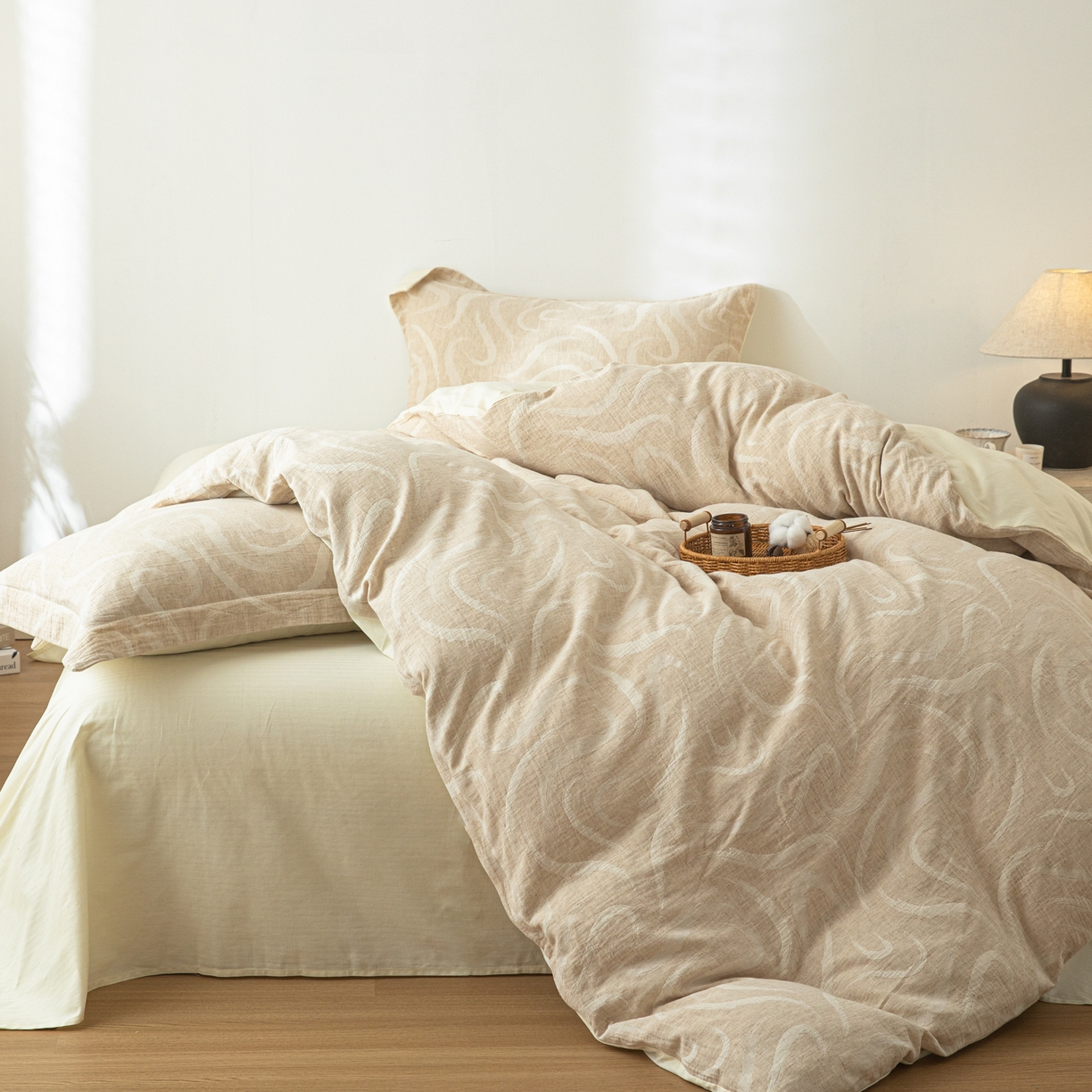 91家纺网 家纺一手货源 找家纺 眠博士 2025新款AB面40支棉麻色织提花四件套 棉麻套件-灵韵