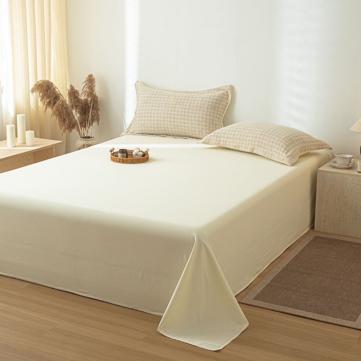 91家纺网 家纺一手货源 找家纺 眠博士 2025新款AB面40支棉麻色织提花四件套 棉麻套件-千鸟格