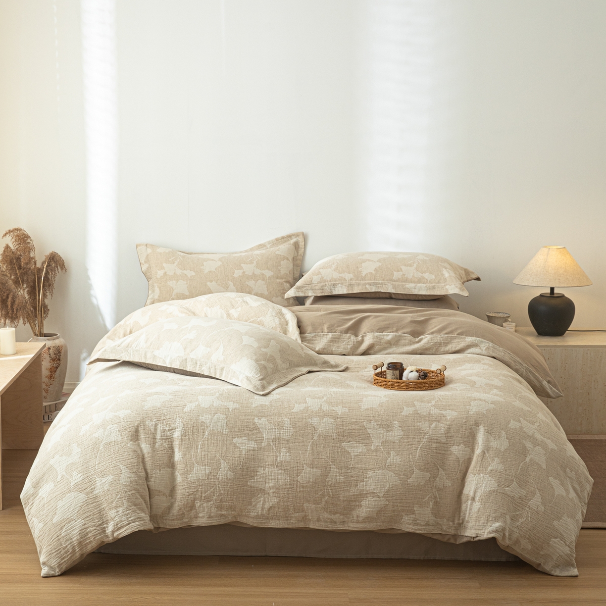 91家纺网 家纺一手货源 找家纺 眠博士 2025新款AB面40支棉麻色织提花四件套 棉麻套件-银杏叶