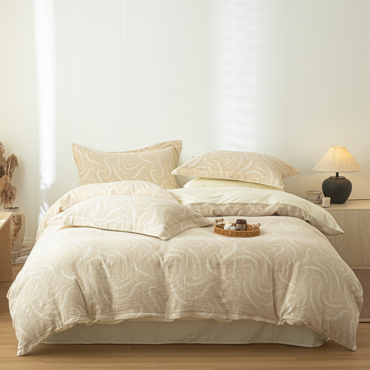 91家纺网 家纺一手货源 找家纺 眠博士 2025新款AB面40支棉麻色织提花四件套 棉麻套件-灵韵