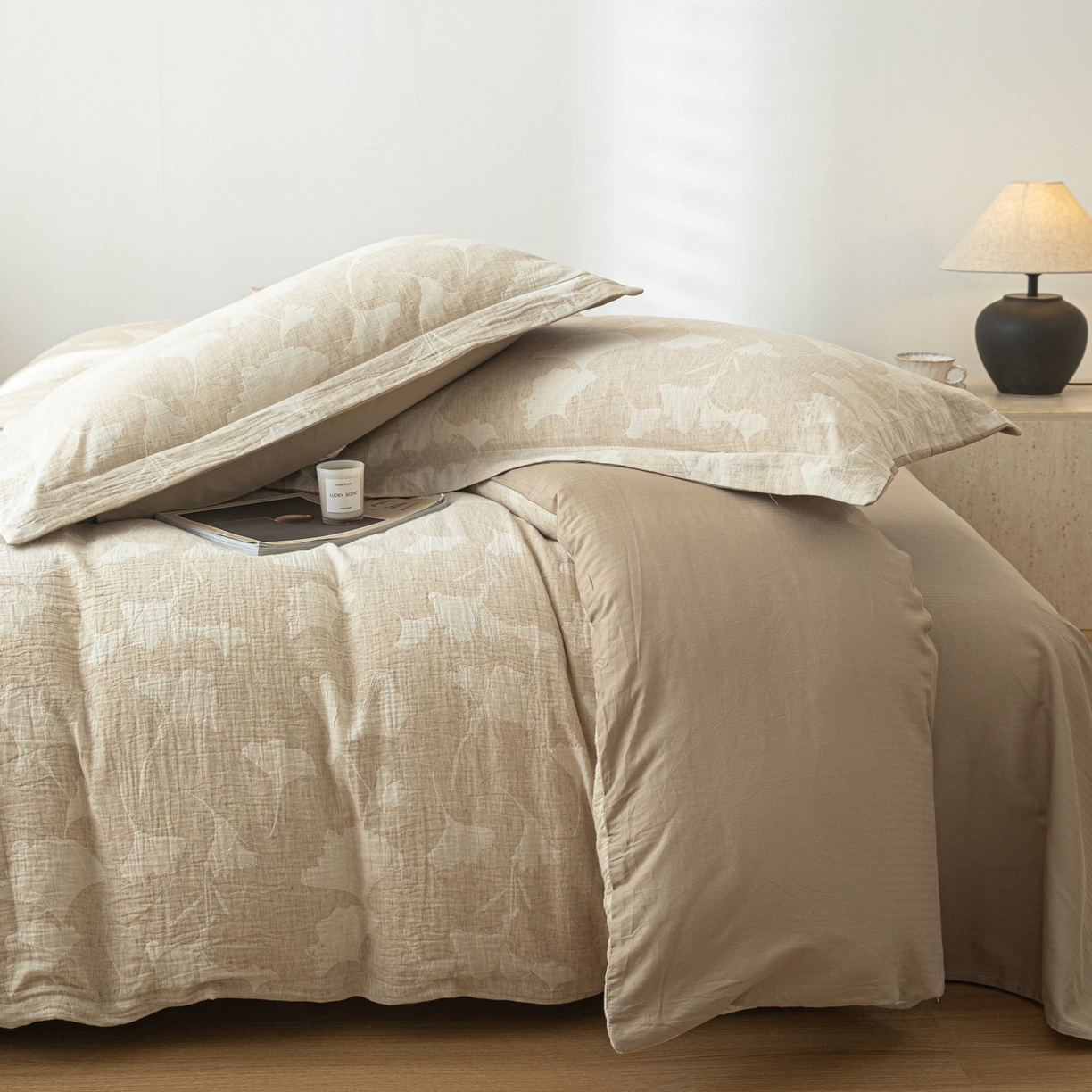 91家纺网 家纺一手货源 找家纺 眠博士 2025新款AB面40支棉麻色织提花四件套 棉麻套件-银杏叶