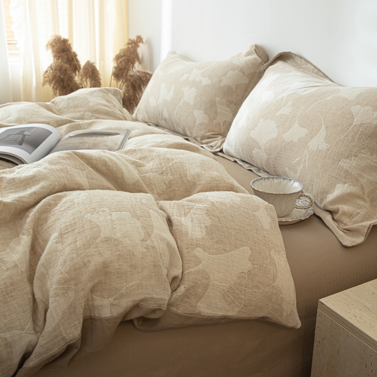 91家纺网 家纺一手货源 找家纺 眠博士 2025新款AB面40支棉麻色织提花四件套 棉麻套件-银杏叶