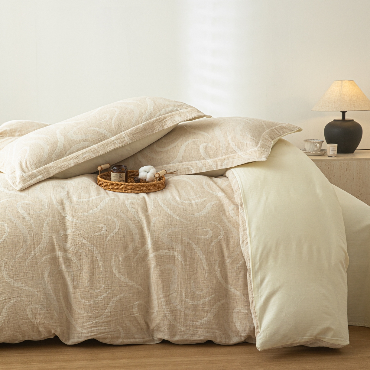 91家纺网 家纺一手货源 找家纺 眠博士 2025新款AB面40支棉麻色织提花四件套 棉麻套件-灵韵