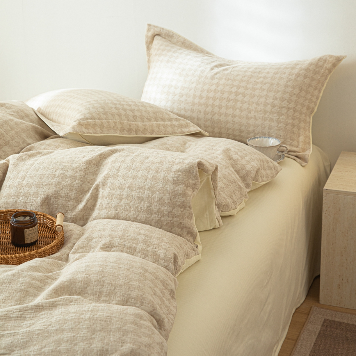 91家纺网 家纺一手货源 找家纺 眠博士 2025新款AB面40支棉麻色织提花四件套 棉麻套件-千鸟格